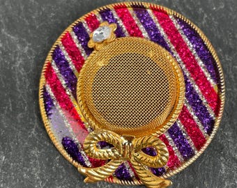 Vintage hat gold mesh glitter bow hat brooch in pink and purple glitter hat brooch, 1980's glitter enamel summer hat, bonnet brooch.
