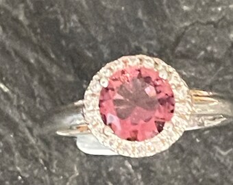 Sterling silver BZ signed vintage ring set with round pink crystal and and clear stones