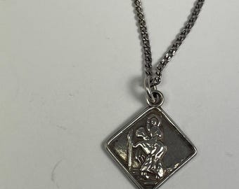 Silver chain vintage necklace with small rhombus religious St Christopher pendant