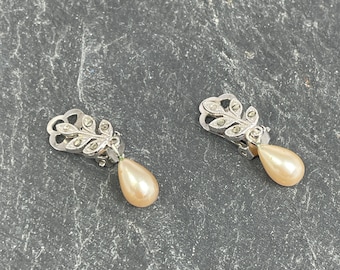 Marcasite silver leaves with a faux pearl drop vintage clip on earrings - something old for a wedding - bridal earrings