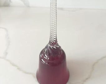 Bohemian Red Glass Bell, Twisted Clear Handle, Vintage 1960s Ruby Glass
