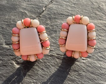 Western Germany stamped, pink and white plastic, with metal gold settings clip on earrings