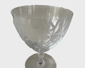 Set of six clear cut, etched crystal wine, champagne coupe, wine goblet vintage glasses