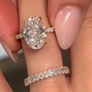 Vintage 3ct Oval Moissanite Wedding Ring Set: 14k Yellow Gold Bridal Bands
