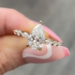 3 CT Pear Moissanite Ring: 14K Yellow Gold Hidden Halo Teardrop Engagement