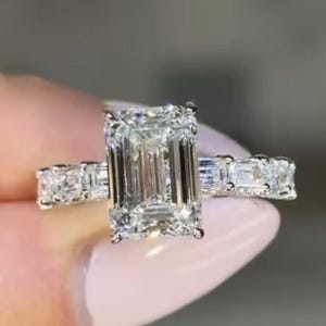Emerald Cut Moissanite Engagement Ring: Solid Gold Half Eternity Band