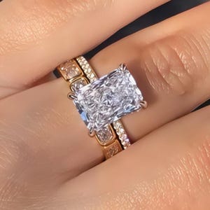 Radiant Cut Moissanite Ring Set: Hidden Halo, Full Eternity Wedding Band