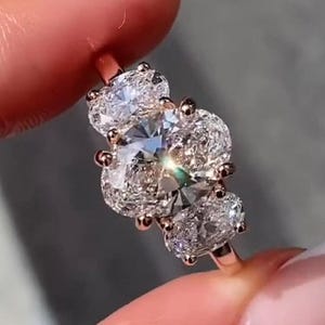 Oval Moissanite Three Stone Ring: 14K Gold Anniversary Ring Lab Diamond