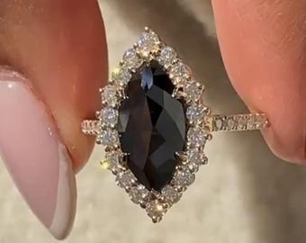 Black Onyx Marquise Ring: Diamond Pave Gold Engagement Ring