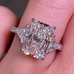 Radiant Cut Moissanite Three Stone Engagement Ring: Solid Gold Promise Ring