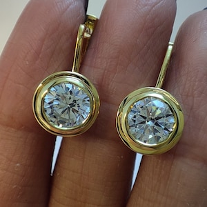 2Ct Moissanite Lever Back Earrings 14K Yellow Gold Vermeil Bezel Set Lab Diamond Earring