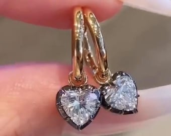 Gypset Hoop Earrings 6mm Heart Moissanite Set In Georgian Style Cut-Down Setting Blackened White Gold & Yellow Gold Georgian Look Earring