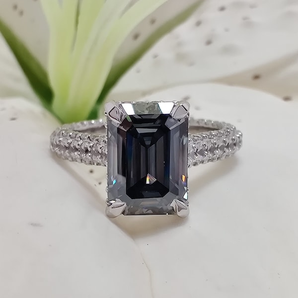 Vintage Grey Likes Diamond 925 Sterling Silver Engagement Ring / 3.5 Ct Moissanite Gray Emerald Cut Standard Art Deco Valentine Gift For Her