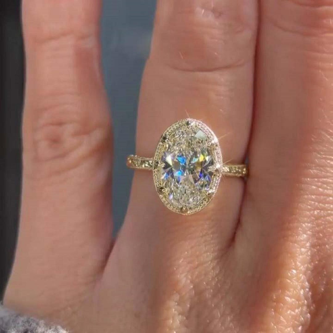 14kt Solid Gold Vintage Oval Moissanite Engagement Ring Bezel Set Gold ...