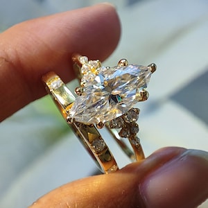 2.5 Ct Marquise Cut Lab Diamond Engagement Ring Set Marquise Diamond Vintage Double Wedding Band Solid Gold Art Deco Bridal Set Ring For Her