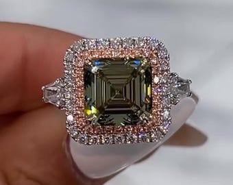 Vintage Asscher Cut Green Lab Diamond Engagement Ring Round Side Stones Wedding Ring
