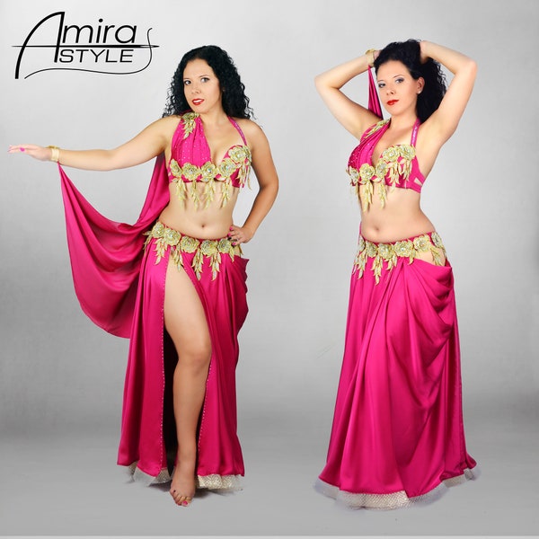 Traje profesional de danza del vientre - Amira STYLE - sujetador, falda con pantalones, cortinas, tela fucsia rosa, aplique de oro, pedrería de cristal