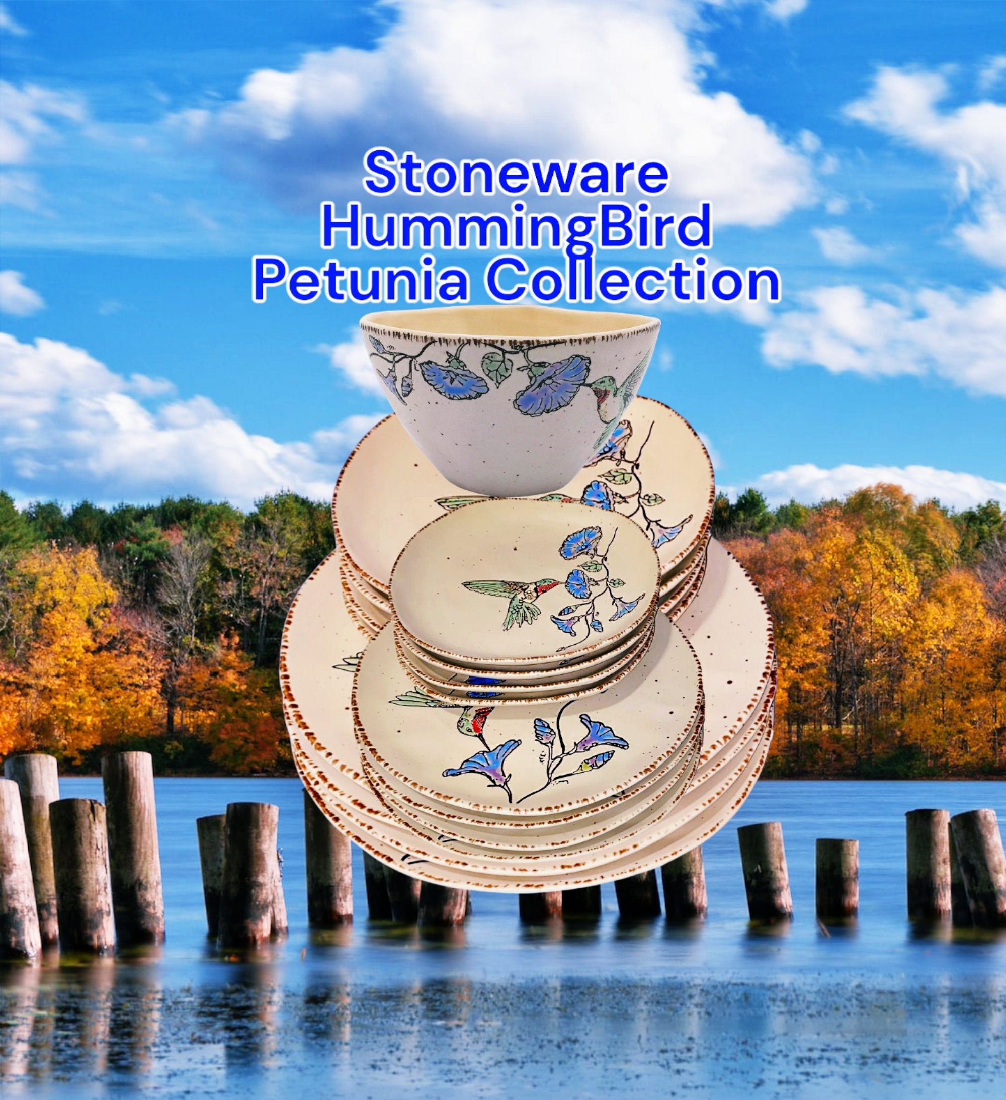 Stoneware Hummingbird Petunia Stoneware Embossed Birds Leaves On Ivory Base Snack Plates