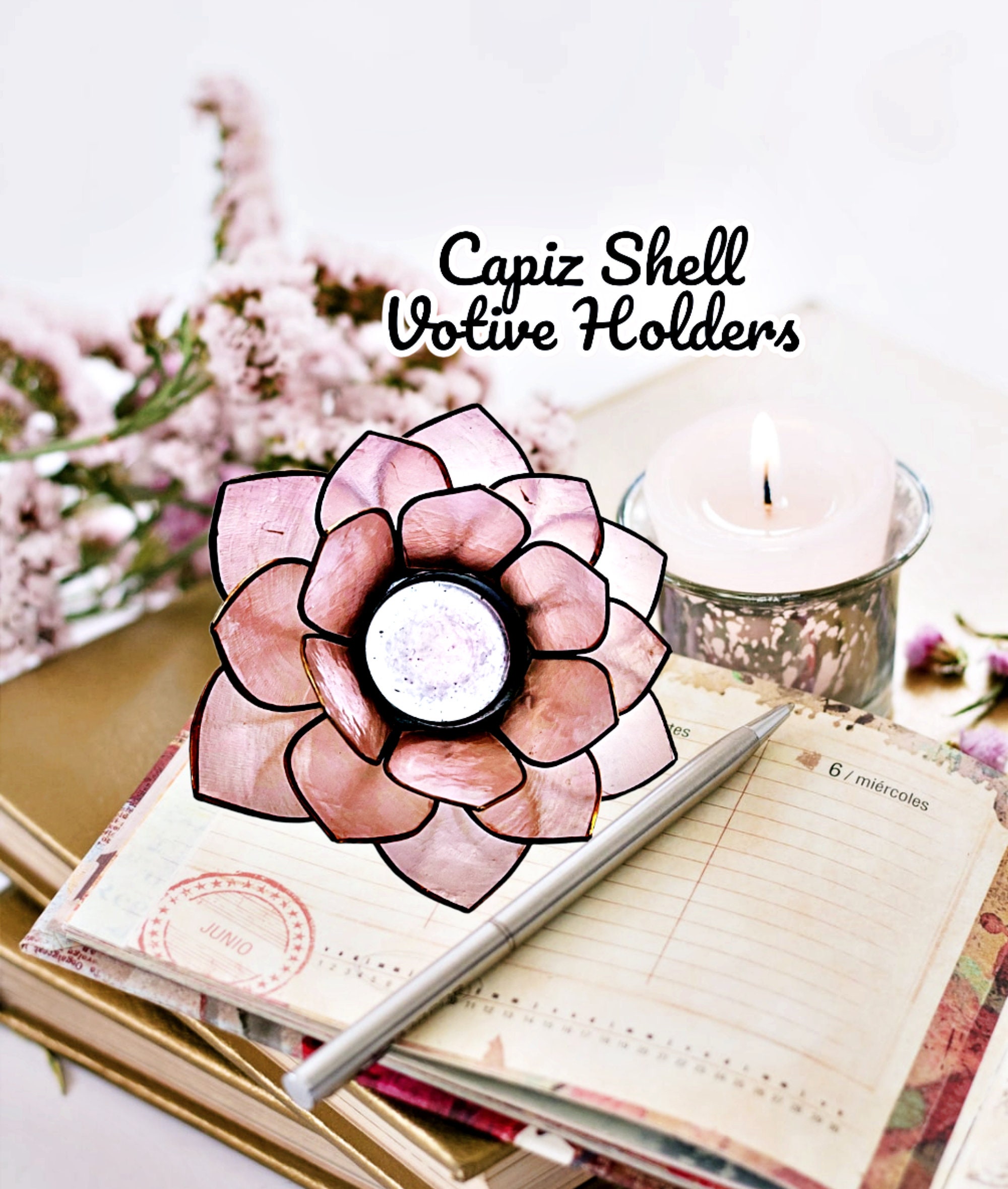 Dusty Pink Tea Light Votive Holder Capiz Shell Vintage Style Lotus Candle Holders Wedding & Table Decor