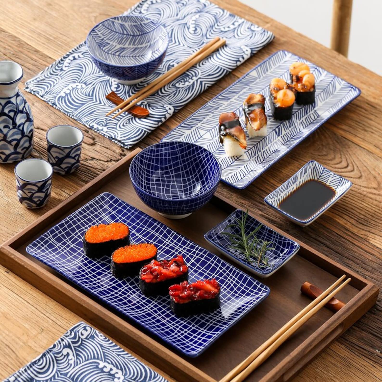 8Piece Sushi Plate Set Service For 2 Blue And White Etsy