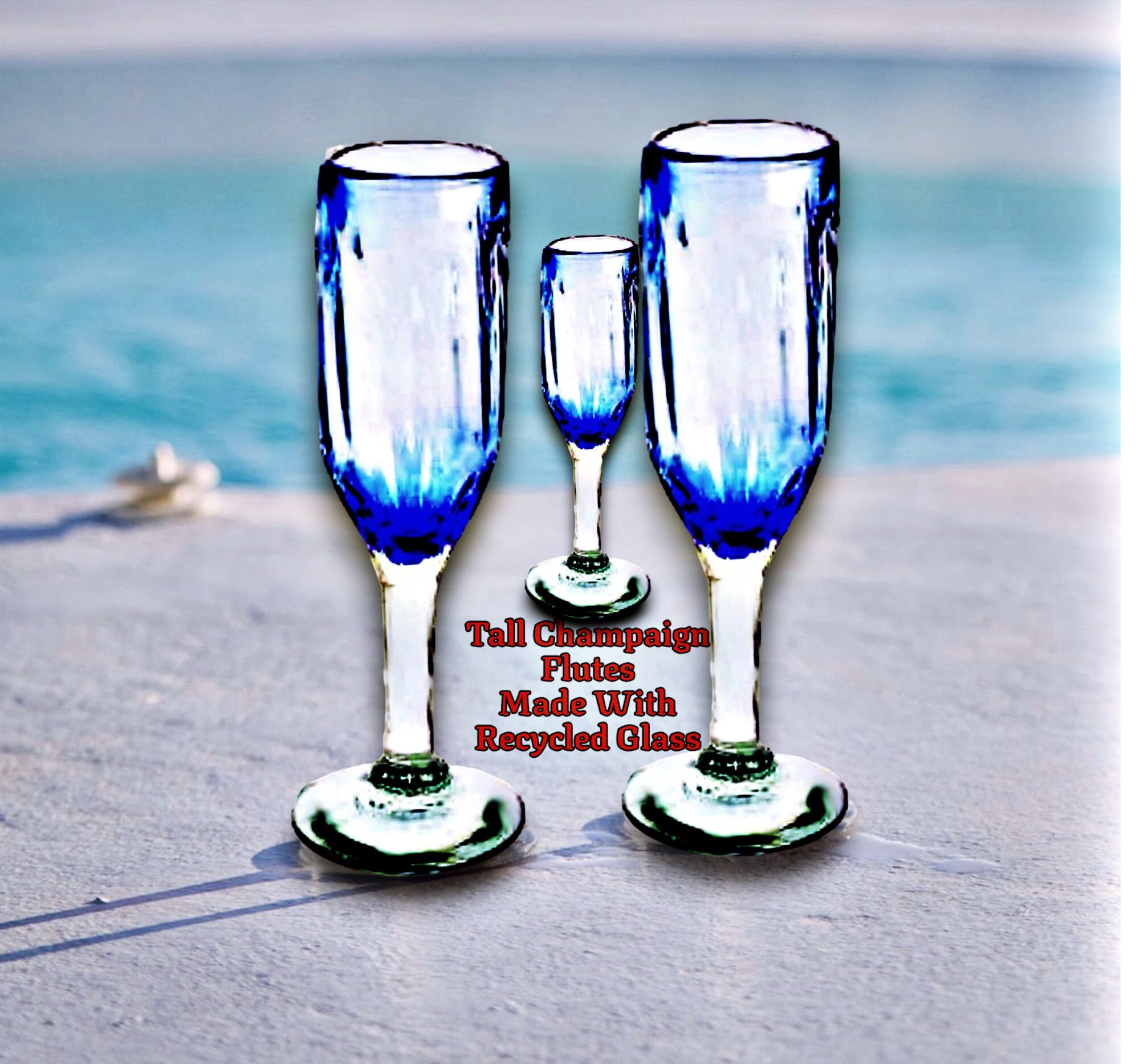 Champagne Flutes 9 Tall Blue And Clear Glass Made of recycled