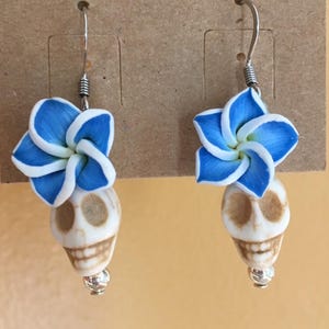 Skull with Flower Earrings Dia de los Muertos