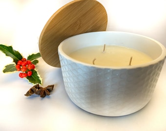 White Christmas Scented Luxury Ceramic 3 Wick Candles, 100% Eco soy wax