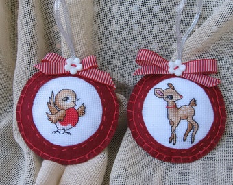 Set of 2 Decorative Ornaments - Singing Chick and Little Deer - Handmade Felt Decorative Ornaments Cross Stitch Home Decoration