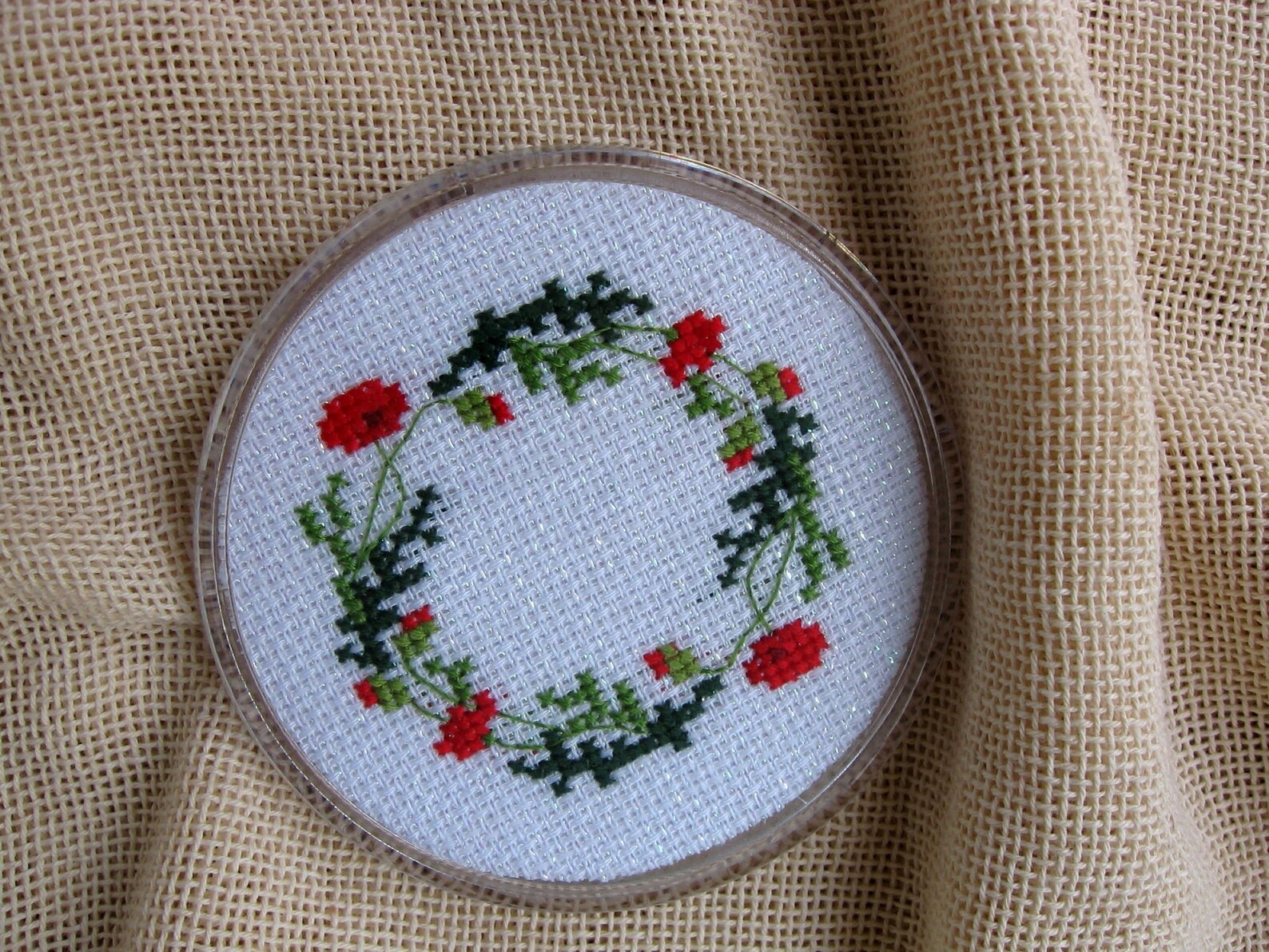 4x Variations of Handmade Plastic Coasters Cross Stitch Table