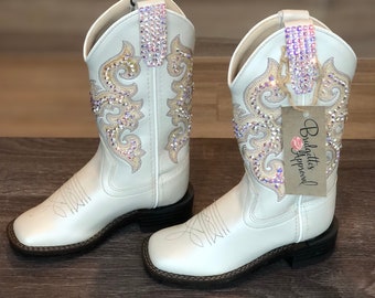 Little Girls White Cowboy Boots encrusted with AB Swarovski Crystals