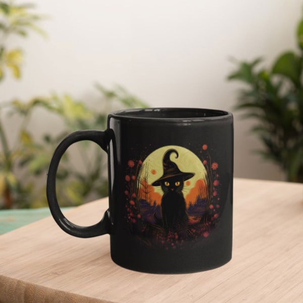 11oz Coffee Mug Black Cat Witch Gift Witch Art Mug Spooky Horror Halloween Full Moon Design Dark Art Gift Spiritual Witchy Mug