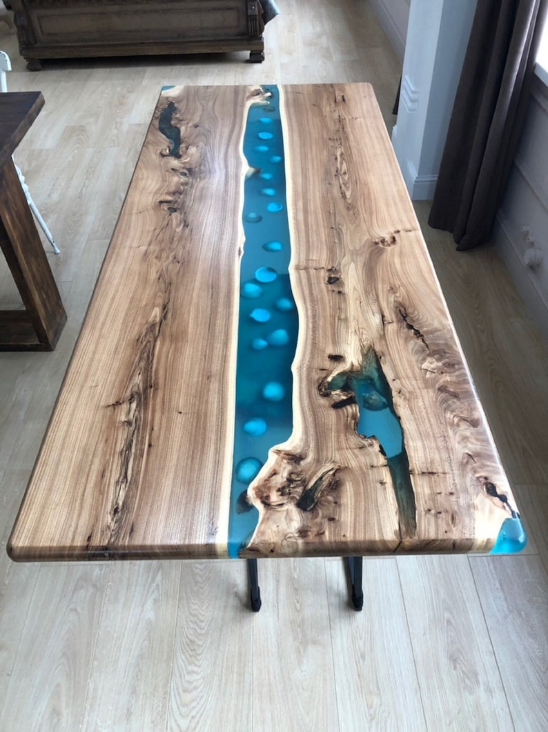 Lagoon table with shells live edge table Azure epoxy Table | Etsy