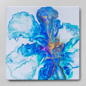 Abstract Painting Acrylic Pour.BLUE FLOWER Original Fluid Art 10"x10"|stretched canvas & resin top