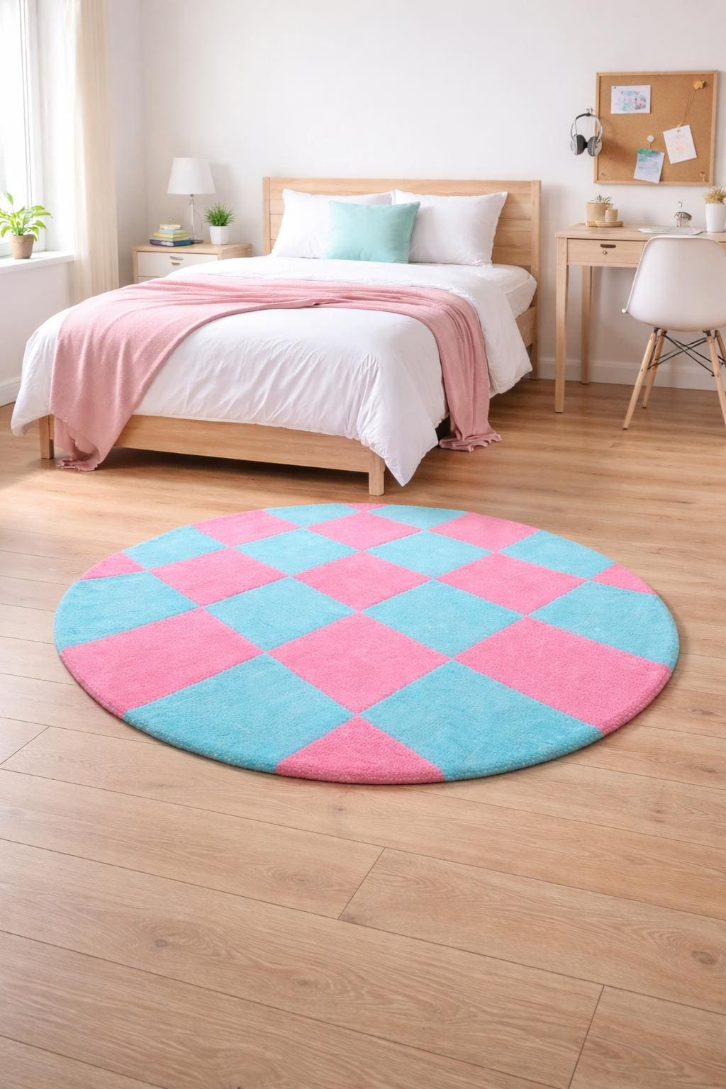 Teppich rund Karo Muster, weicher pink Teppich für Wohnzimmer. Handgemachte Geschenke muttertag, personalisiert Teppich schlafzimmer