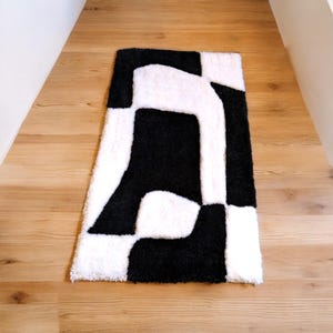 Carpet black and white abstract .65 cm by 35 cm . Decoration living room . Hallway runner small . Handmade wool carpet bed rug soft