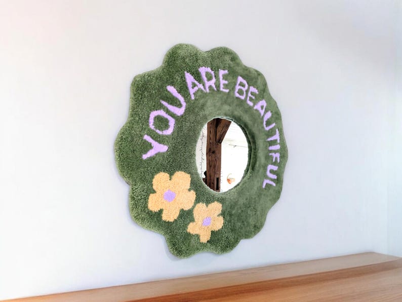 Round Modern Wall Mirror. Motivational Saying. Green Moss Art Wall Art
