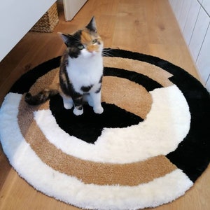 Round carpet, living room carpet, black white brown pattern. Bedroom rug, unique piece of retro carpet. Handmade mother's day gift