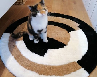 Round carpet, living room carpet, black white brown pattern. Bedroom rug, unique piece of retro carpet. Handmade mother's day gift