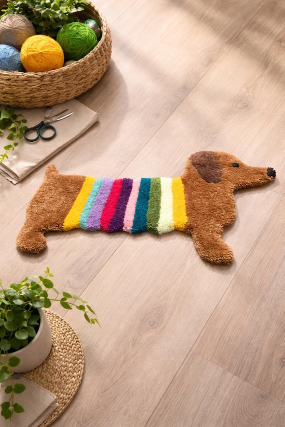 Dackel Teppich Bettvorleger weich, handgemachtes Unikat, witzige Deko für Dackel Fans, Flur Läufer Wohnzimmer, Geschenkidee individuell,