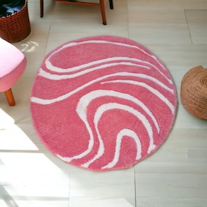 Round bathroom rug in pink and white, bed rug pink girl, floor decoration, colorful carpet living room, gift girlfriend, rug