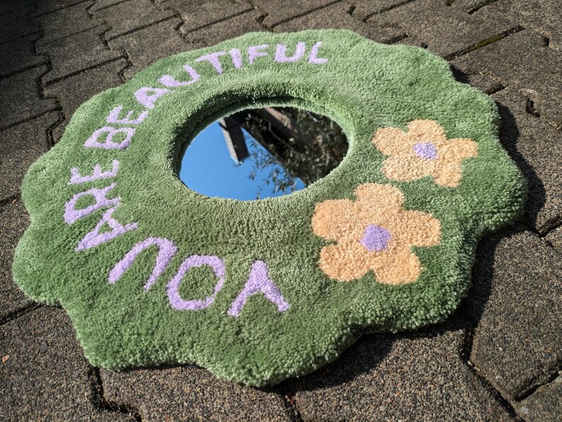 Round Modern Wall Mirror. Motivational Saying. Green Moss Art Wall Art