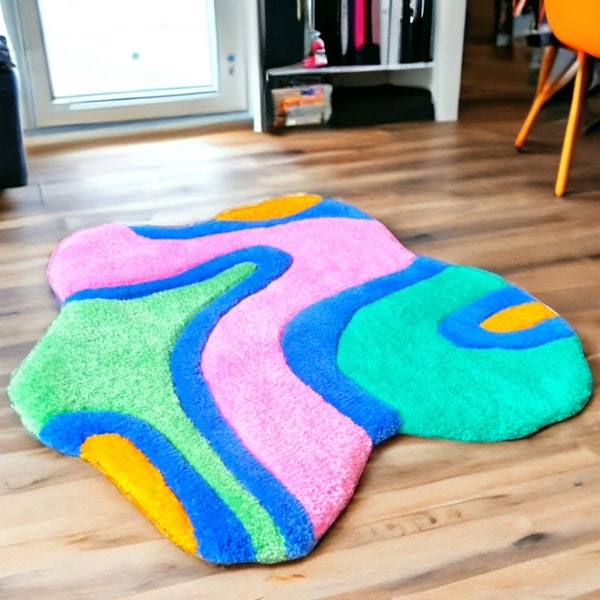 Tapis salon ou salle de bain. Rose coloré abstrait, vert menthe. Tapis de lit, tapis de couloir tout doux, cadeau de Noël, cadeau personnalisé