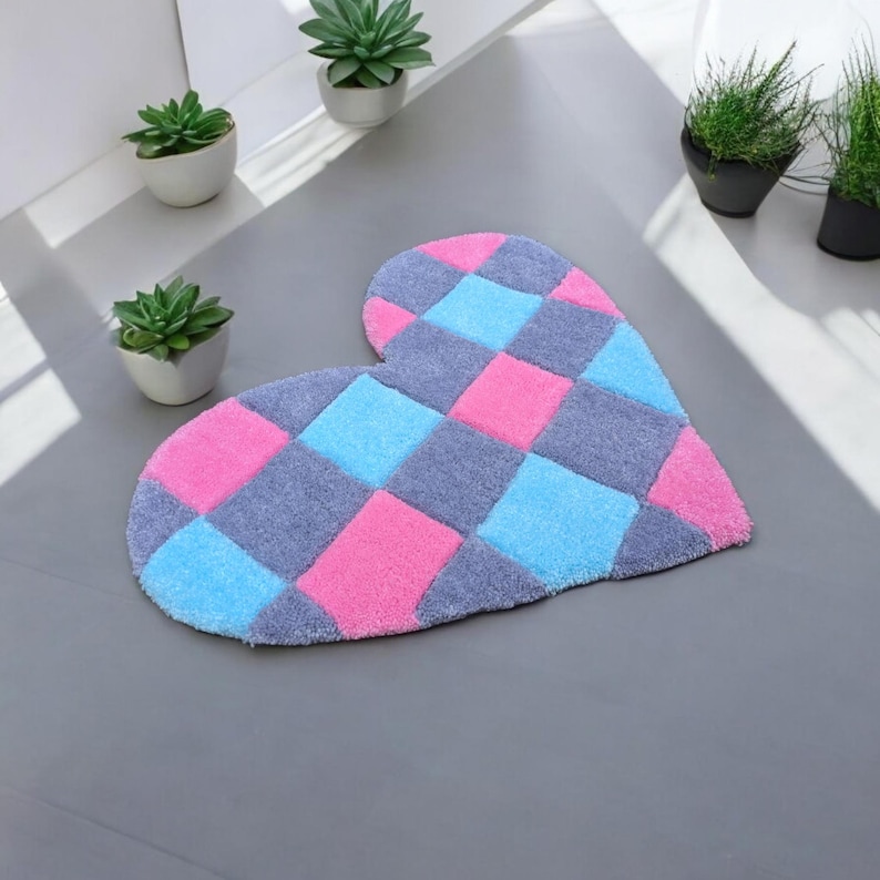 Heart Rug Check Pattern. Christmas Gift for Girlfriend. Soft Check Rug