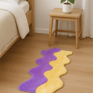 Abstract rug, purple and yellow, wavy living room decor rug, retro rug, unique gift. Bathroom rug, bedside rug.