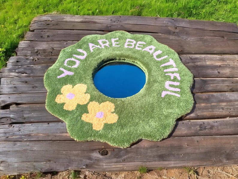 Round Modern Wall Mirror. Motivational Saying. Green Moss Art Wall Art