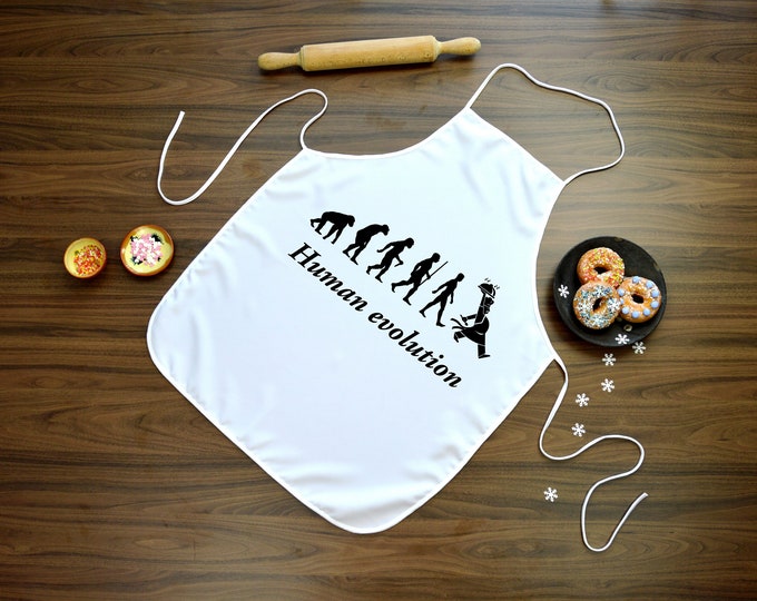 Kitchen apron for men with image of human evolution, fans of Darwin