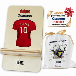 Regalo del Osasuna personalizado con nombre y número base soporte de móvil de madera dibujo camiseta de fútbol para aficionados de futbol