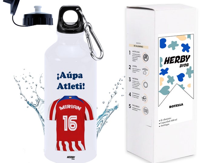 Botella de agua del atlético personalizada con equipo de futbol y nombre, botellas para niños personalizadas con nombre, cantimplora de agua