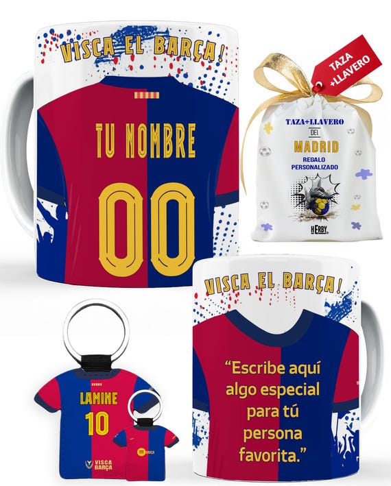Taza del Barça personalizada con nombre y número + llavero
