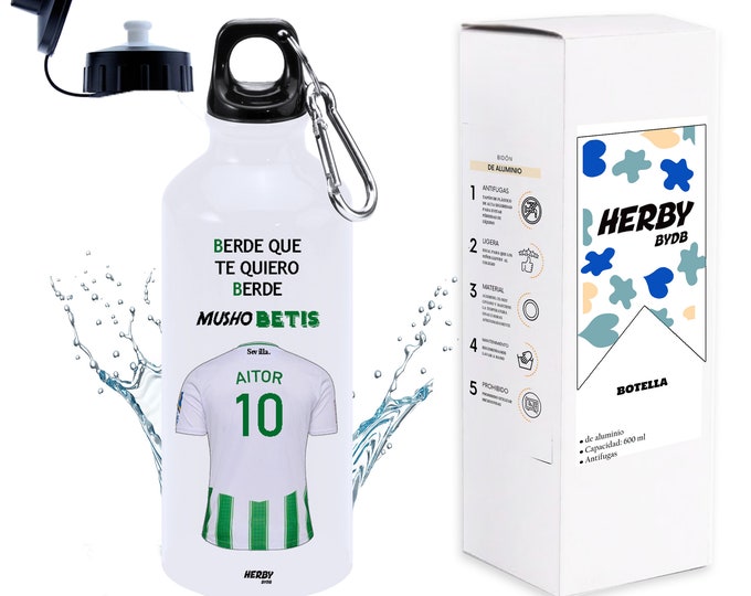 Botella de agua del Betis personalizada con equipo de futbol y nombre, botellas para niños personalizadas con nombre, cantimplora de agua